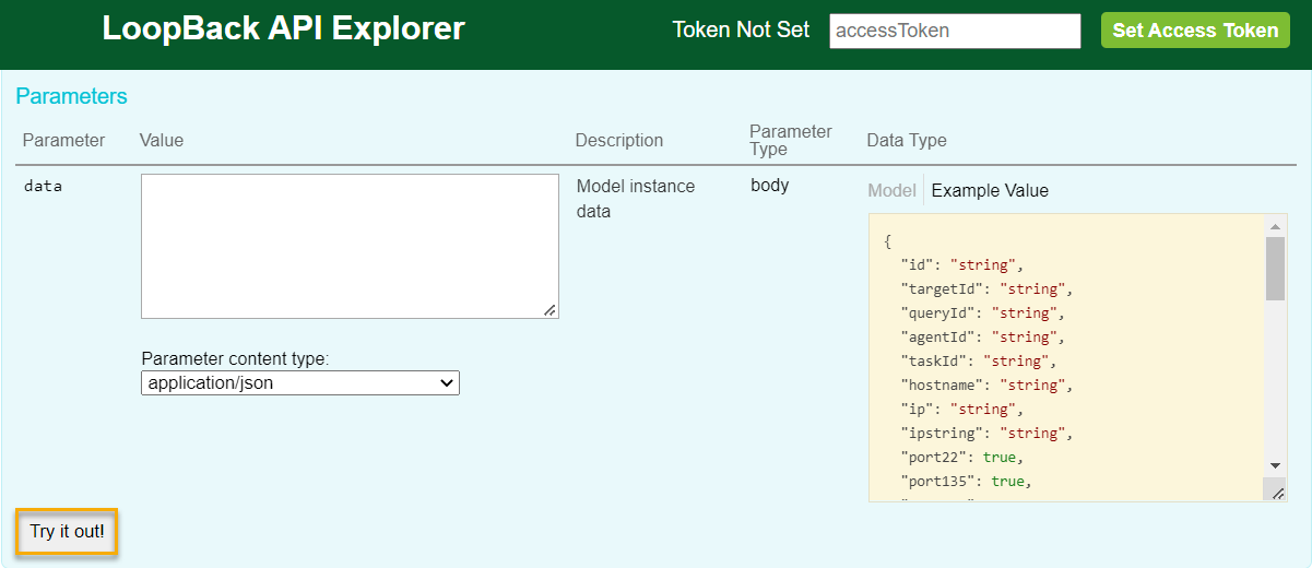 Screenshot of a POST request for ContactGroupContacts in the Swagger UI with a red box drawn around the 'Try it out' option.